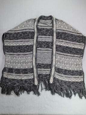 G.H. Bass Boho Striped Fringed Poncho Sweater Cotton Knit Open Front Cardigan XS